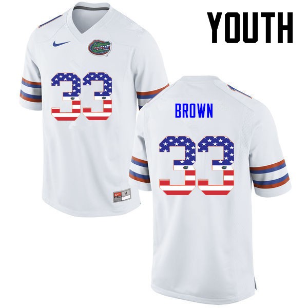 Florida Gators Youth #33 Mack Brown College Football USA Flag Fashion White